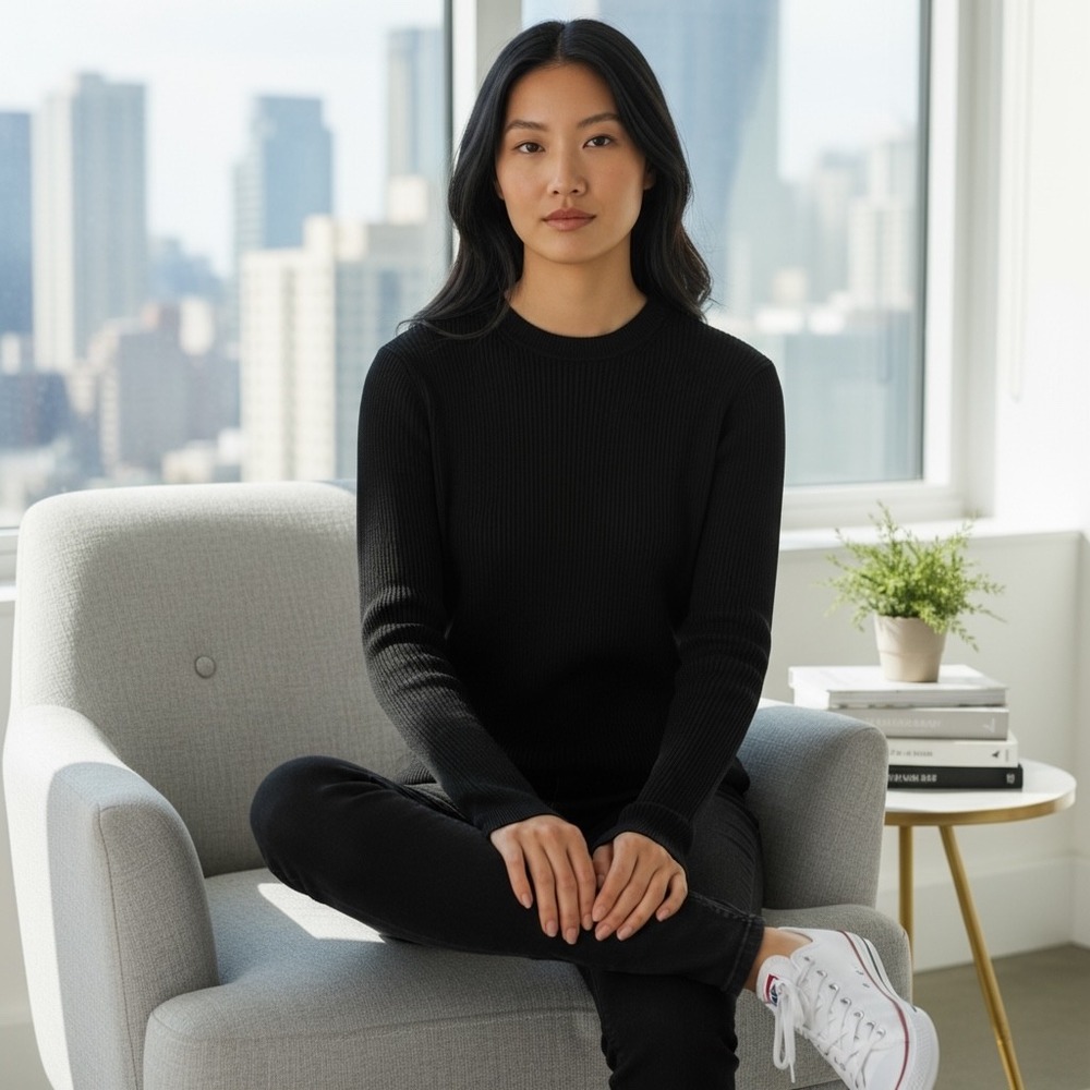 No Name 002 Women Black Ribbed Long Sleeve Crewneck Cotton Top FA24T01 Size‎ M